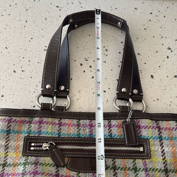 COACH Penelope Wool Tattersall Tweed Leather Trim Tote Shoulder Hand Bag Top Zip - Picture 9 of 13